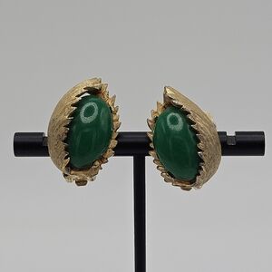 vintage green and gold leafy clip on earrings